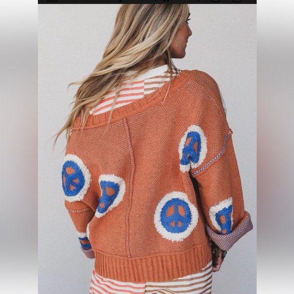 POL Orange Sweater Blue & White Peace Symbols S NEW Peaceful Vibes 3 Bird Nest - Picture 8 of 13